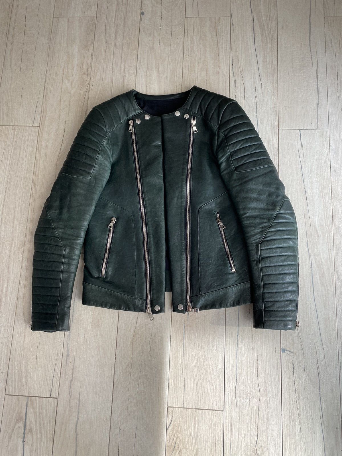 Balmain Balmain Iconic Green Lambskin Leather Biker Jacket Size US L / EU 52-54 / 3 - 1 Thumbnail