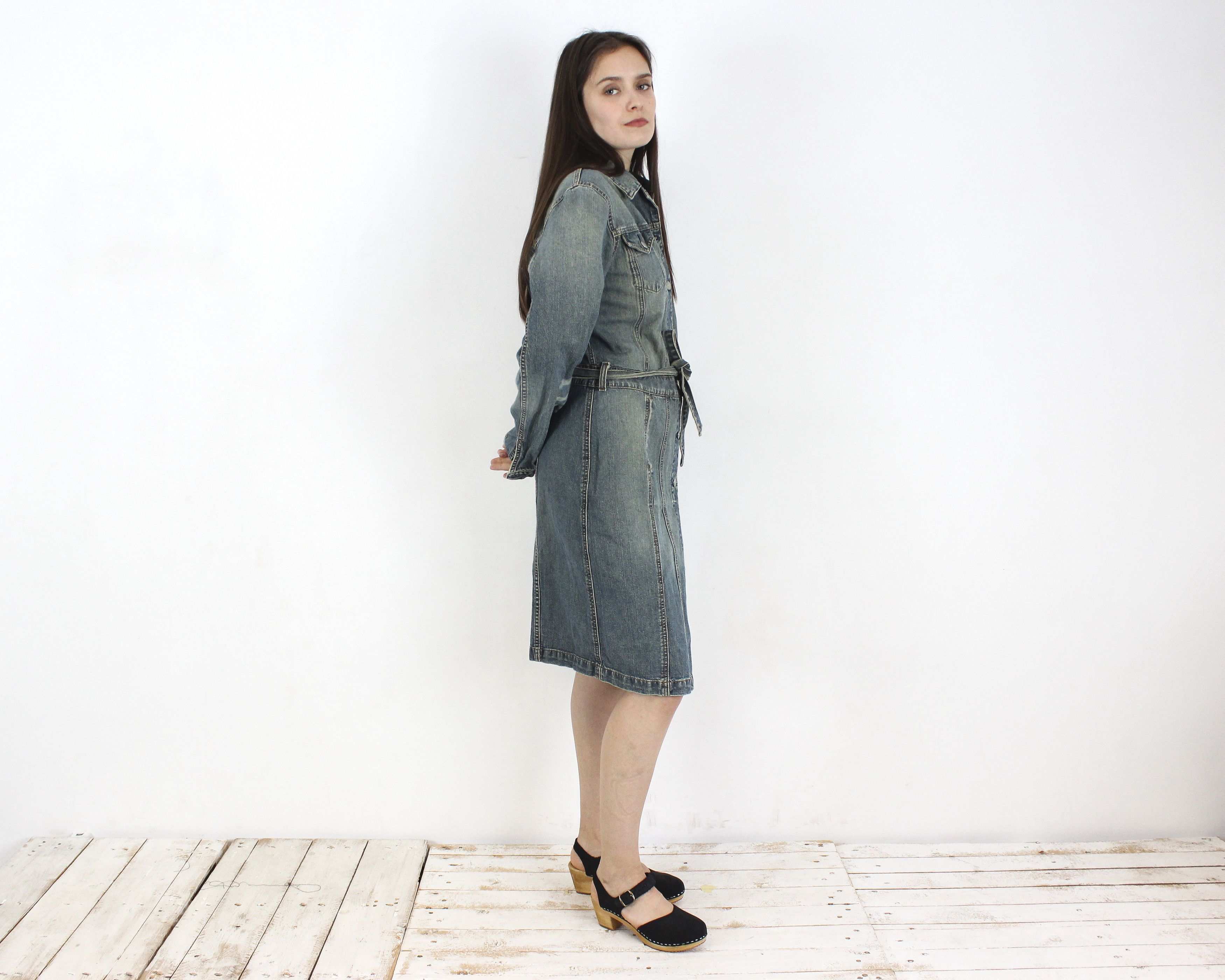 Dr. Denim × Vintage Madonna Womens L Denim Shirt midi Dress Button Up Belted y2k Size L / US 10 / IT 46 - 4 Thumbnail