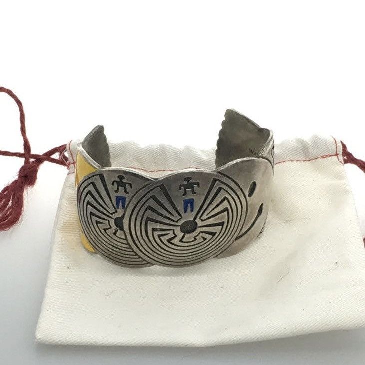 image of Kapital Wapi Sapi For Peace Maze Smiley Face Navajo Bangle in Brass Silver, Men's