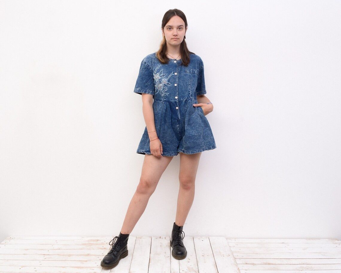 Vintage Vintage y2k M Denim Shorts Romper Shirt Jumpsuit Overall bib Size 28" / US 6 / IT 42 - 5 Thumbnail