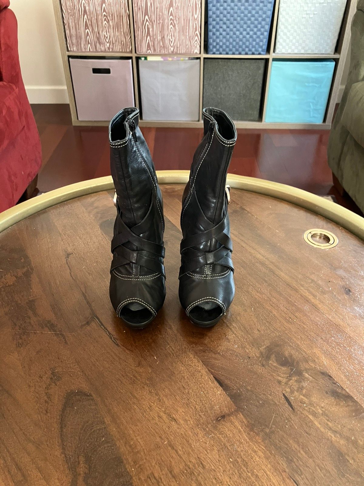Balmain Vintage BALMAIN Black Leather High Heels Ankle Peep Toe Boot ...