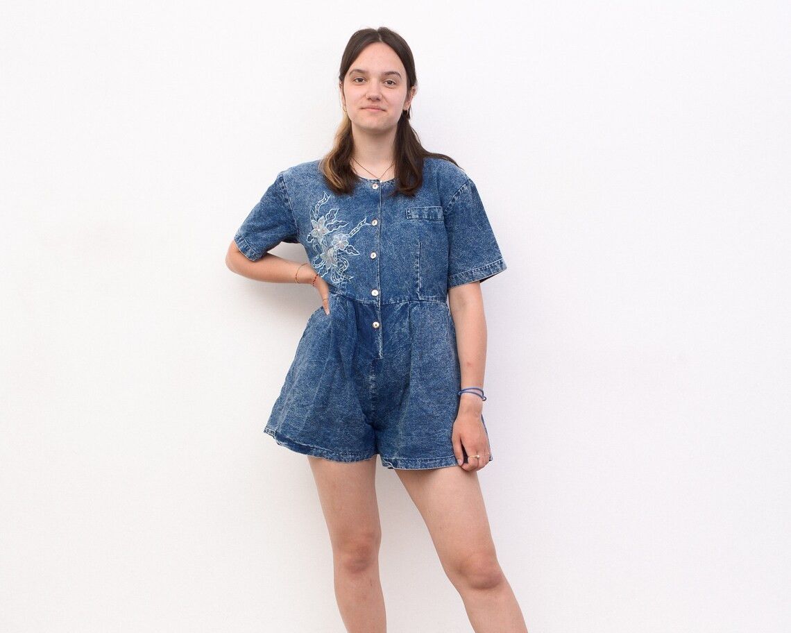 Vintage Vintage y2k M Denim Shorts Romper Shirt Jumpsuit Overall bib Size 28" / US 6 / IT 42 - 1 Thumbnail