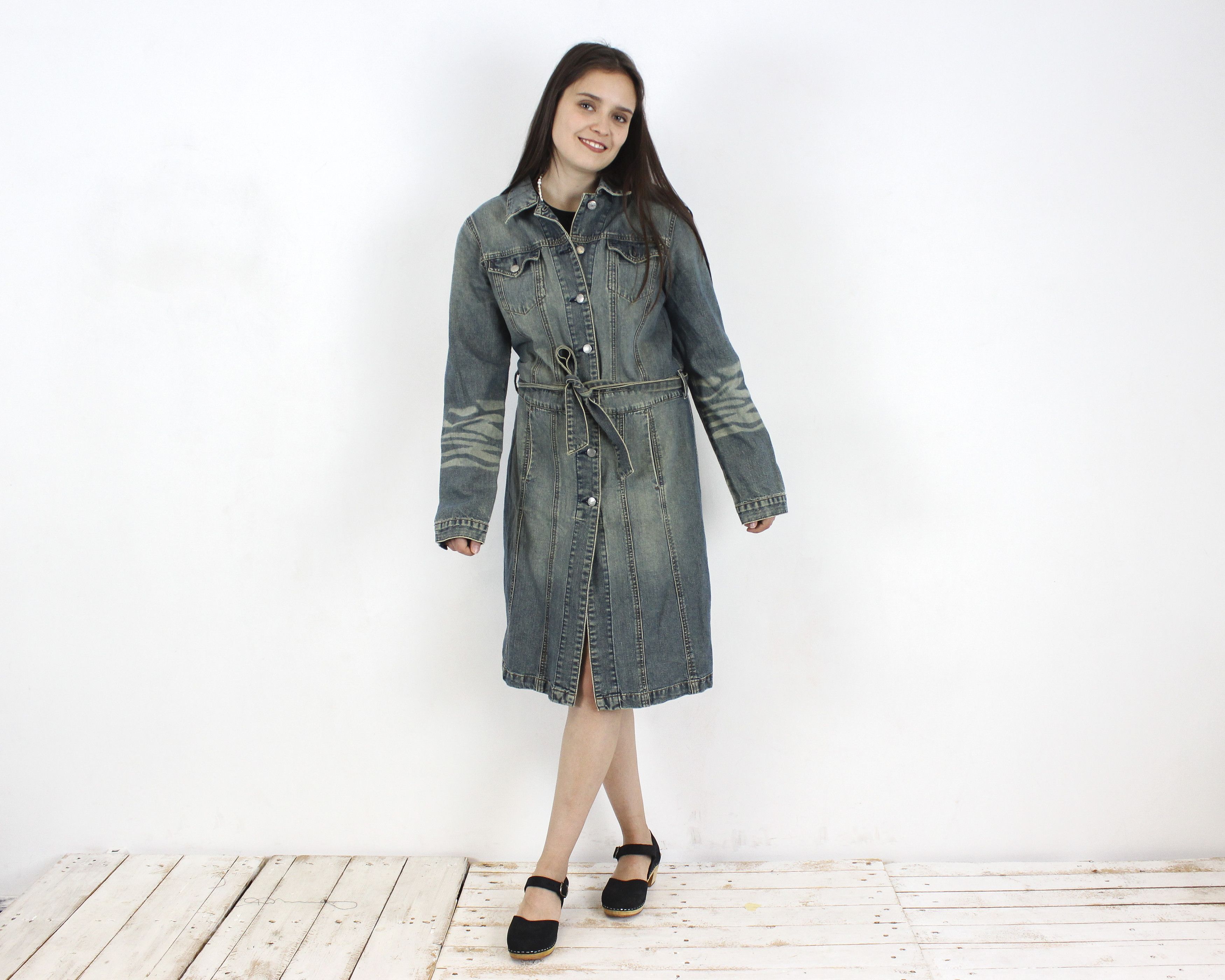 Dr. Denim × Vintage Madonna Womens L Denim Shirt midi Dress Button Up Belted y2k Size L / US 10 / IT 46 - 2 Thumbnail