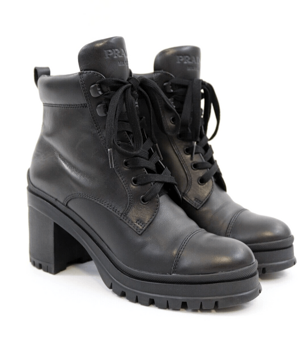 Prada PRADA Lace Up Leather Combat Boots Block Heel Lug Sole | Grailed