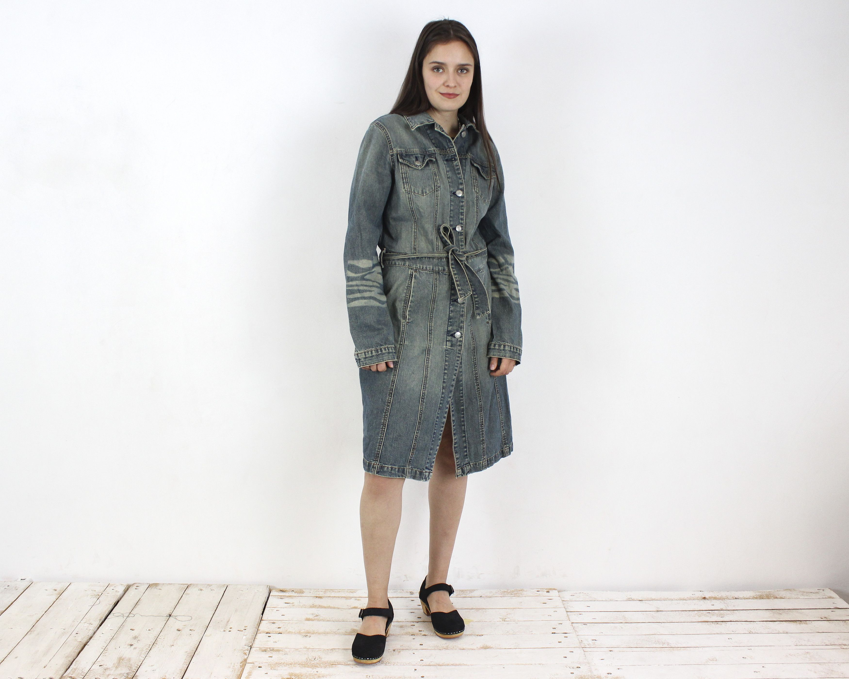 Dr. Denim × Vintage Madonna Womens L Denim Shirt midi Dress Button Up Belted y2k Size L / US 10 / IT 46 - 1 Thumbnail