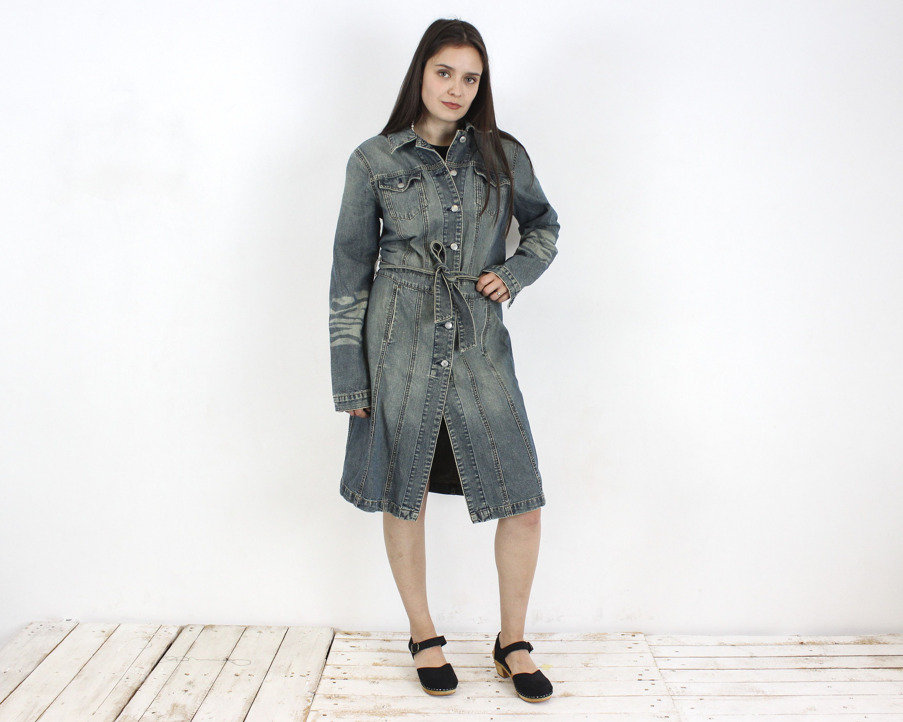 Dr. Denim × Vintage Madonna Womens L Denim Shirt midi Dress Button Up Belted y2k Size L / US 10 / IT 46 - 3 Thumbnail