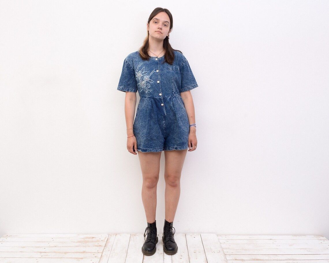 Vintage Vintage y2k M Denim Shorts Romper Shirt Jumpsuit Overall bib Size 28" / US 6 / IT 42 - 2 Thumbnail