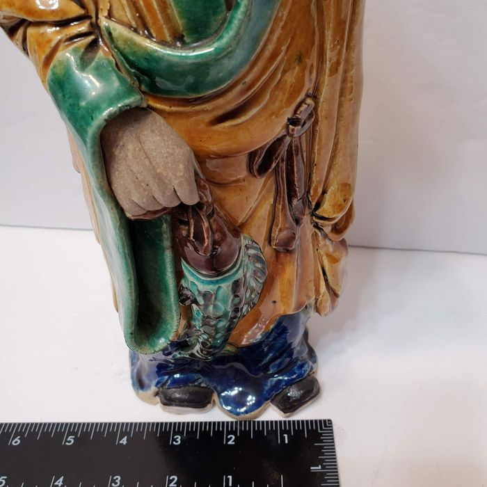 Vintage Chinese Mudman with Fish, 12" Antique Mud Man China Pottery