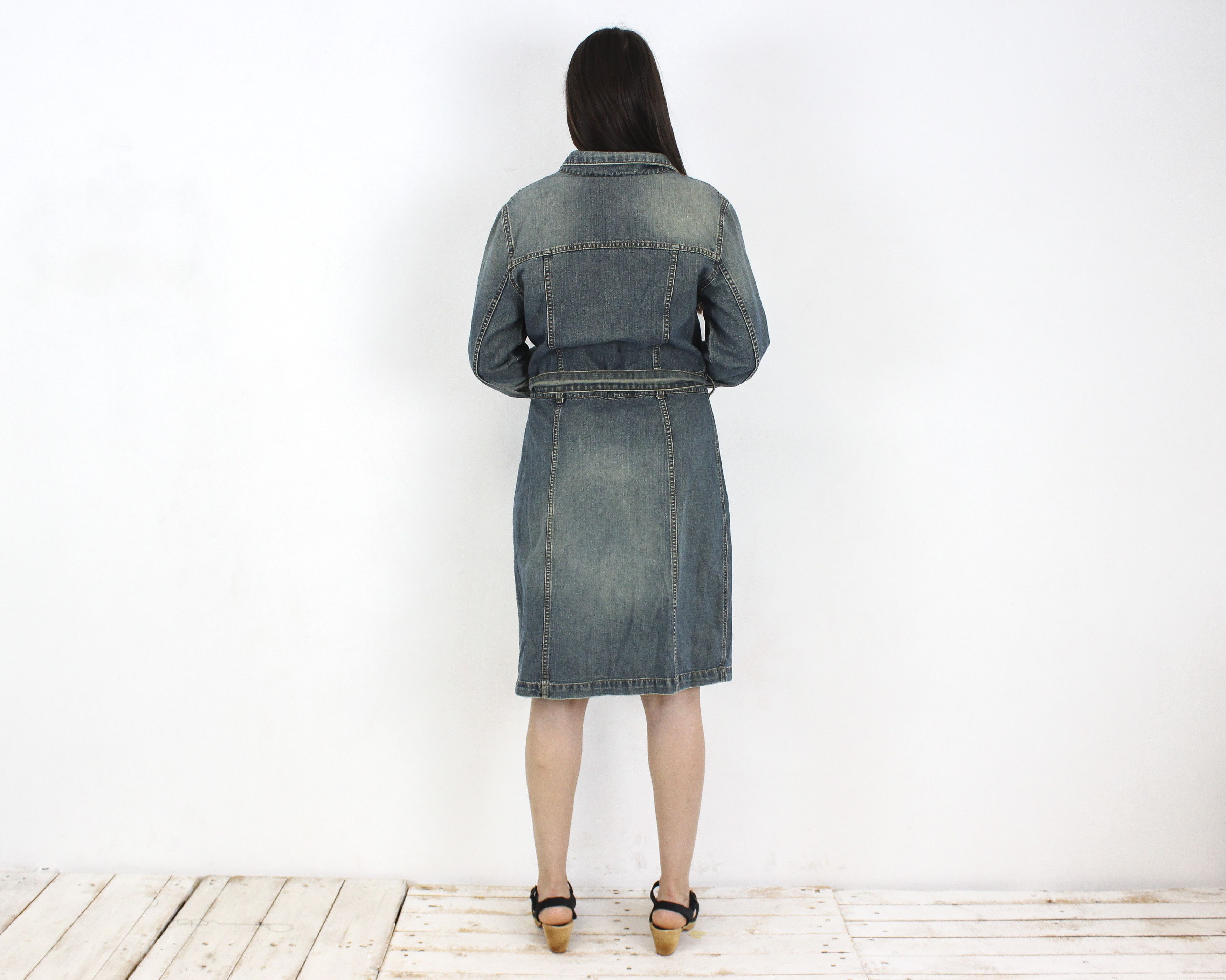 Dr. Denim × Vintage Madonna Womens L Denim Shirt midi Dress Button Up Belted y2k Size L / US 10 / IT 46 - 5 Thumbnail