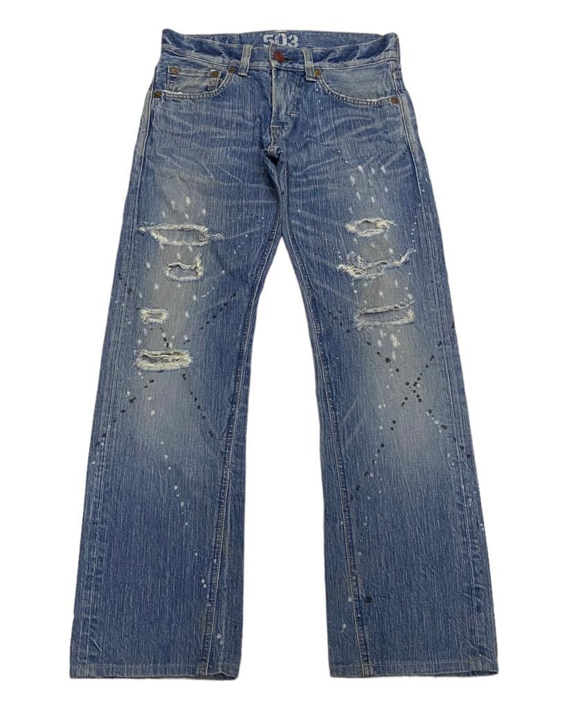 image of Avant Garde x Distressed Denim Flaredistressed Splatted Edwin 503 Blue Trip Denim Flared (Size 31)