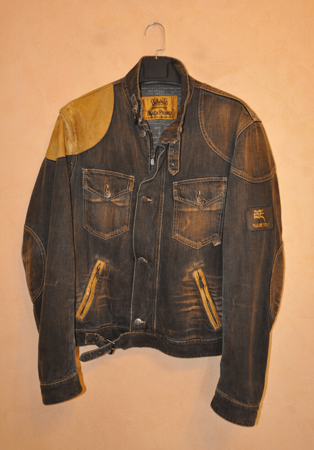 Belstaff Free Tibet Black Prince Denim Biker Jacket Leather Trim 