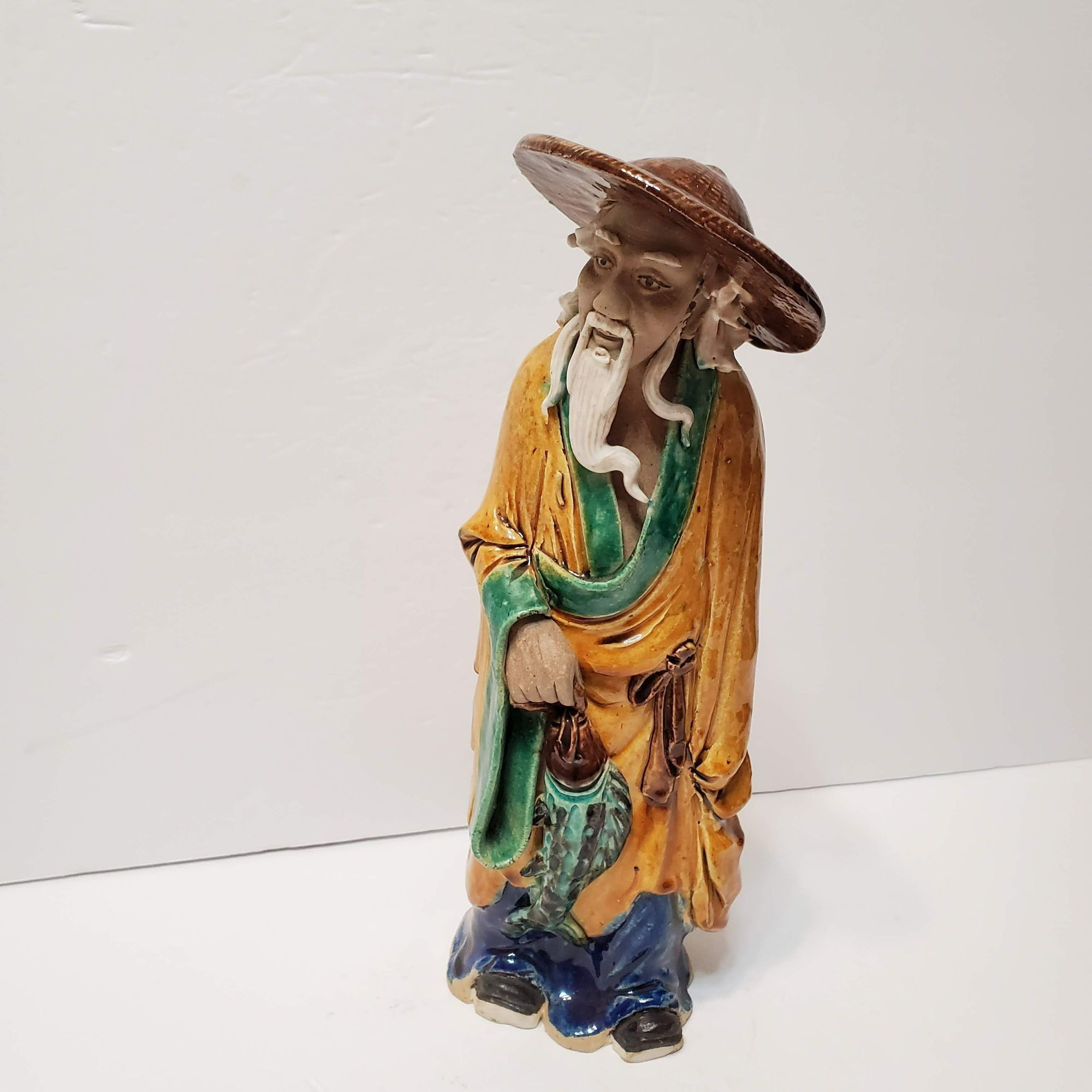 Vintage Chinese Mudman with Fish, 12" Antique Mud Man China Pottery